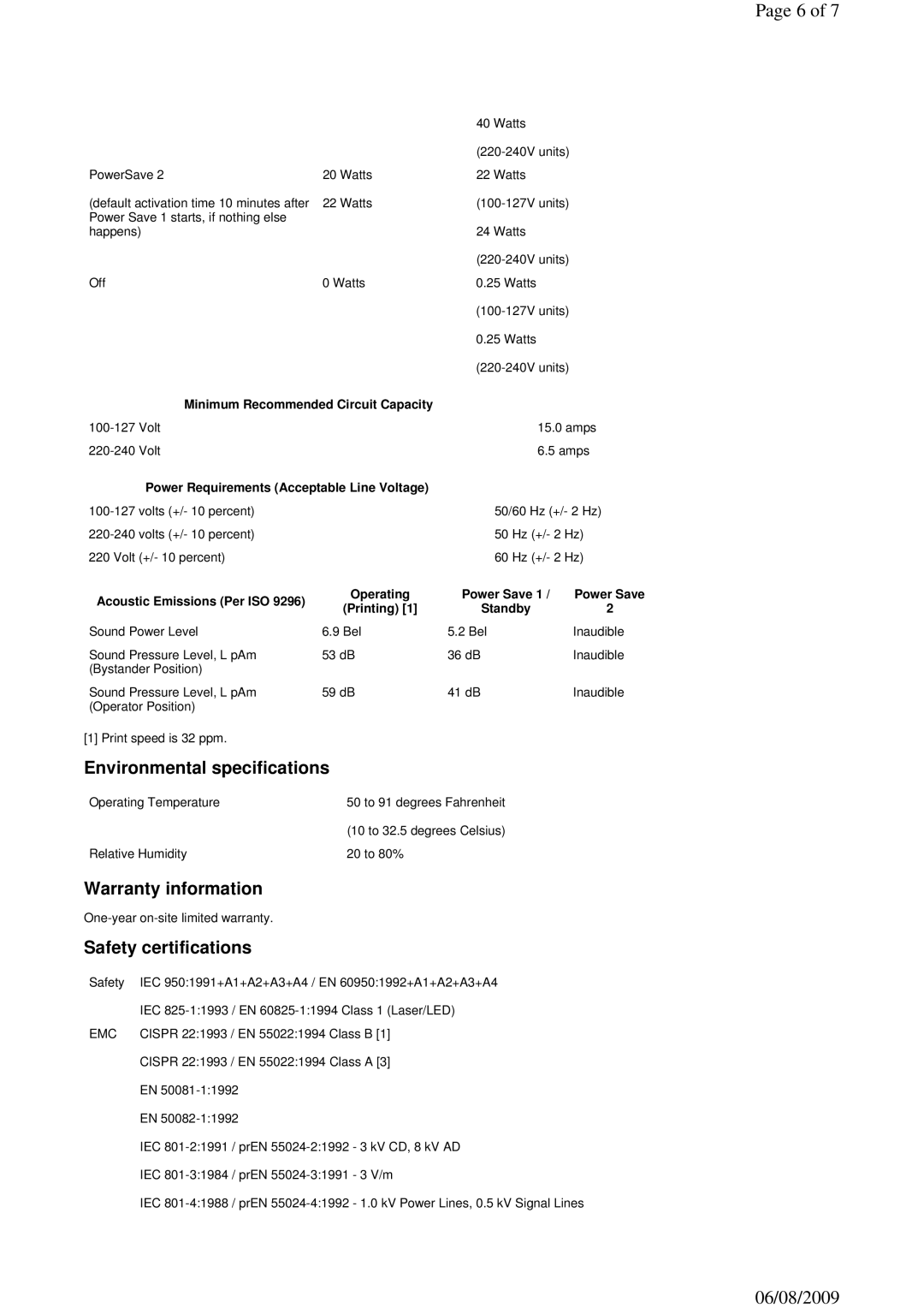 HP 8100 MFP manual Environmental specifications, Warranty information, Safety certifications 