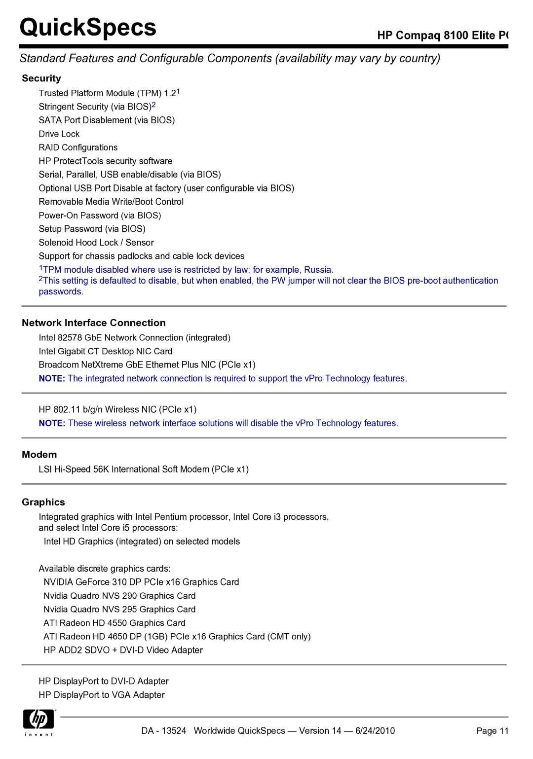 HP 8100 manual Security, Network Interface Connection, Modem, Graphics 