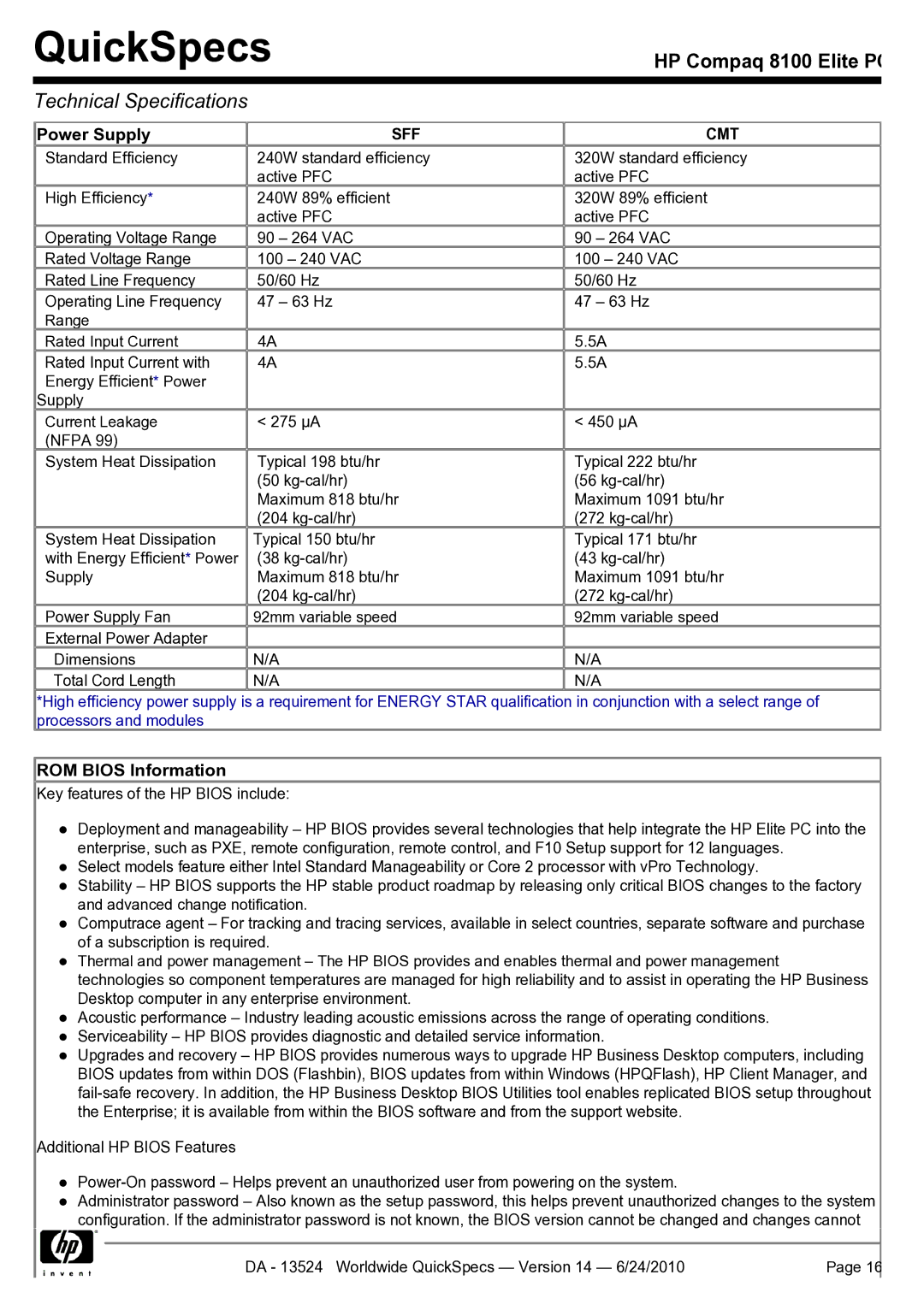 HP 8100 manual Power Supply, ROM Bios Information 