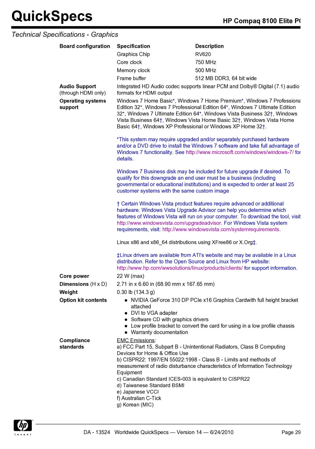 HP 8100 Board configuration Specification Description, Audio Support, Operating systems, Core power, Dimensions H x D 