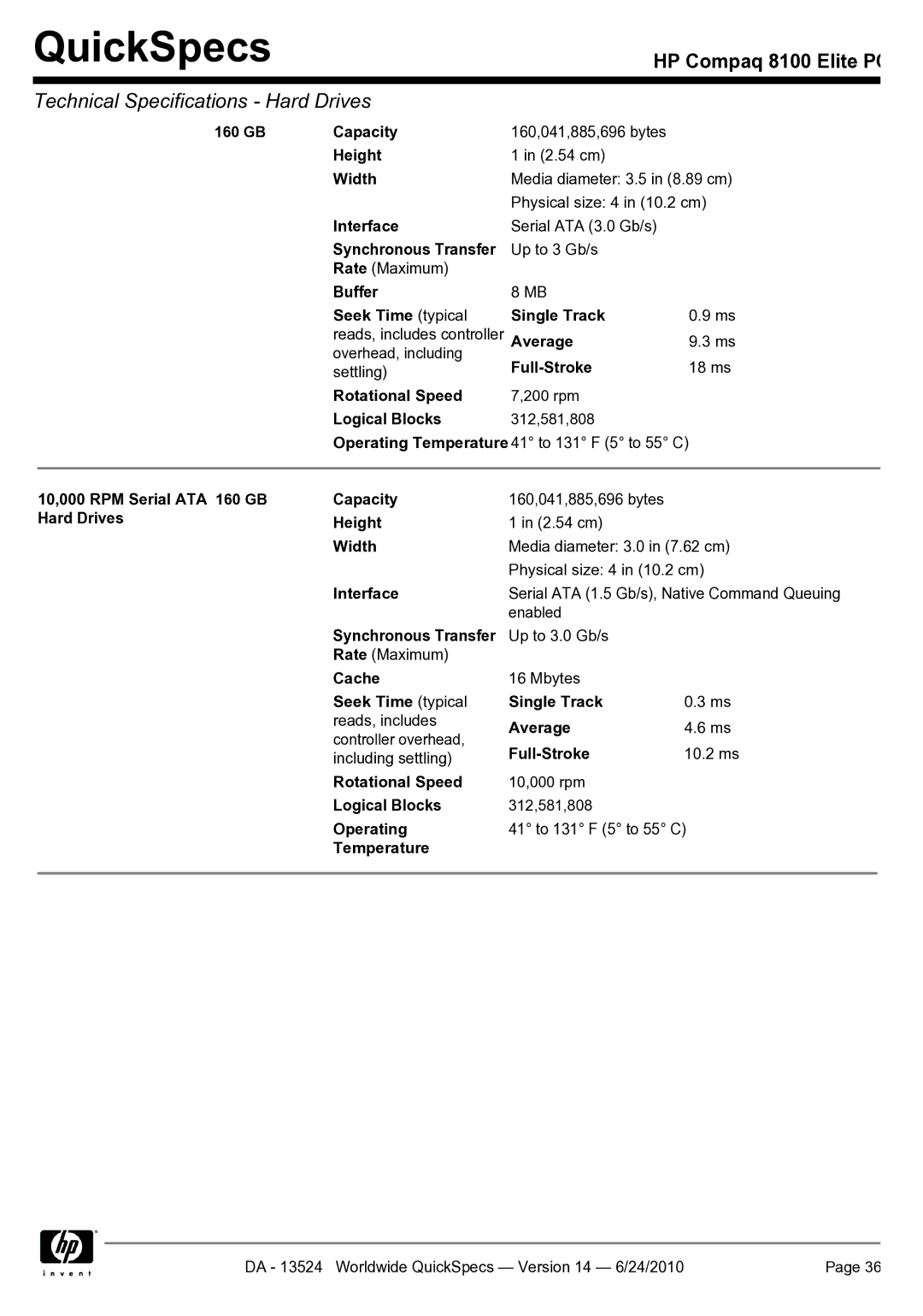 HP 8100 manual 10,000 RPM Serial ATA 160 GB Capacity, Hard Drives Height, Cache, Average, Temperature 