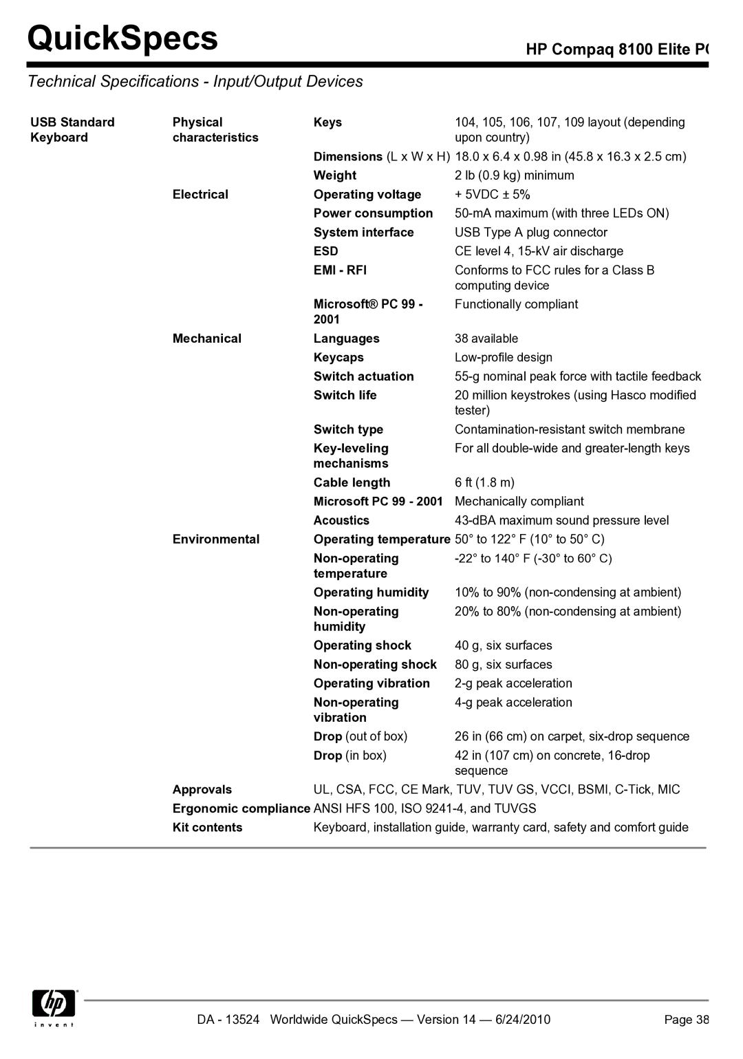 HP 8100 manual Technical Specifications Input/Output Devices 