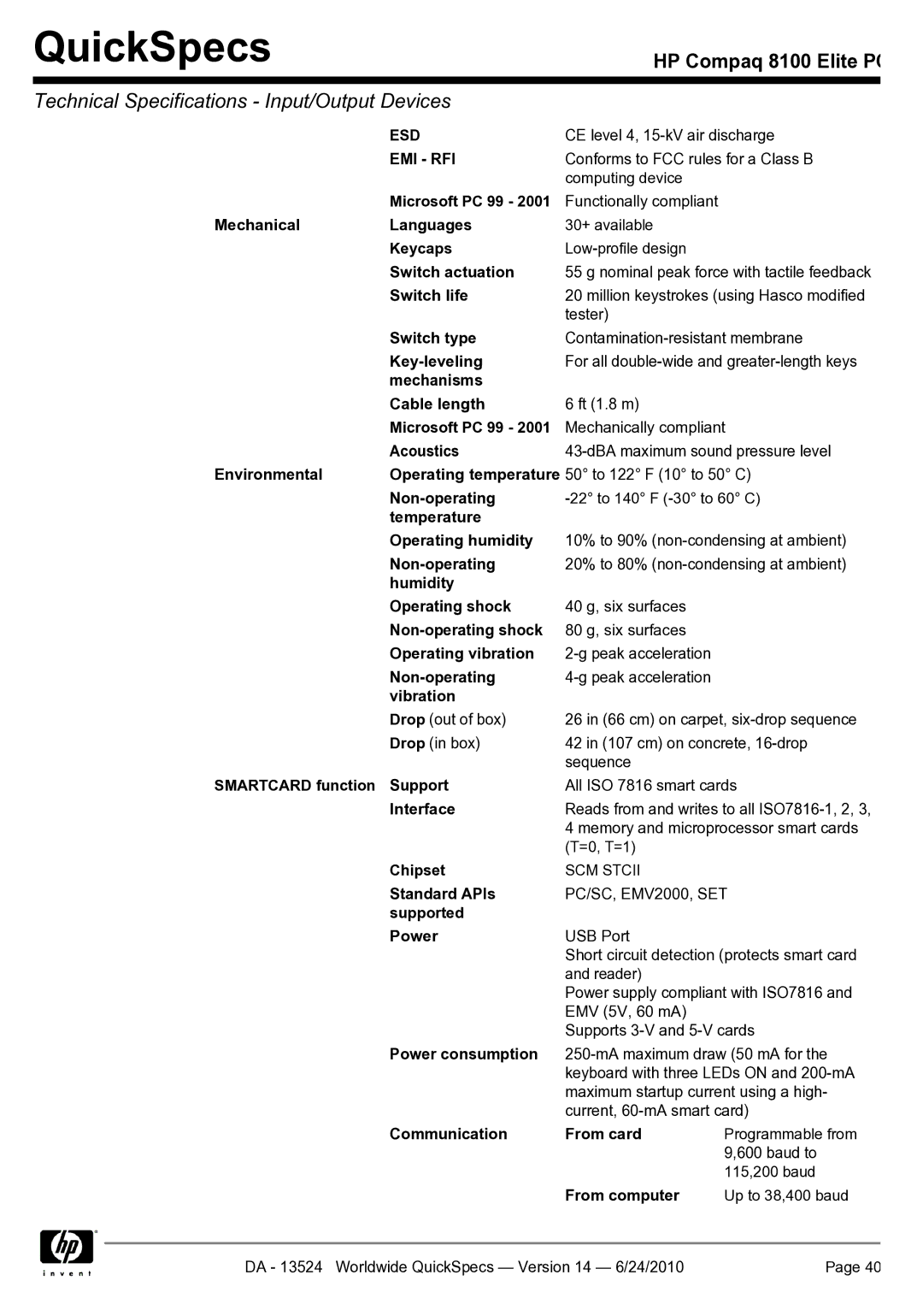 HP 8100 manual Smartcard function Support, Standard APIs, Supported Power, Communication From card, From computer 