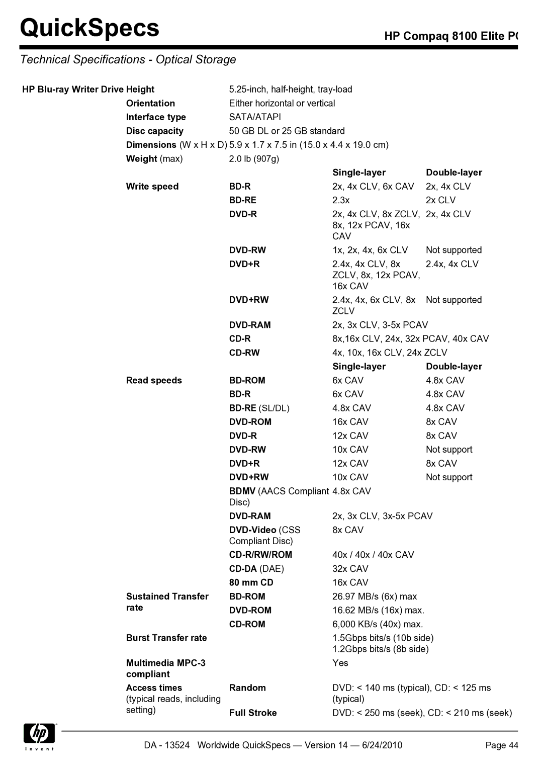 HP 8100 manual Technical Specifications Optical Storage 