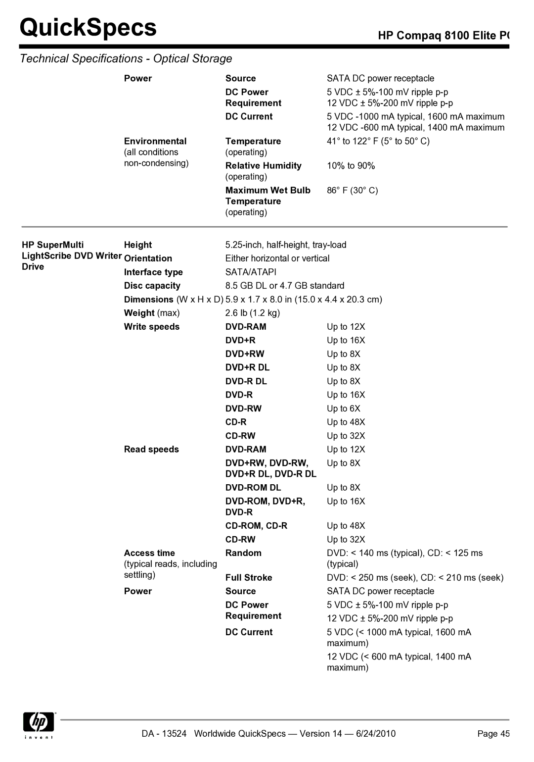 HP 8100 Power Source, DC Power, Requirement, DC Current, Environmental Temperature, HP SuperMulti Height, Write speeds 