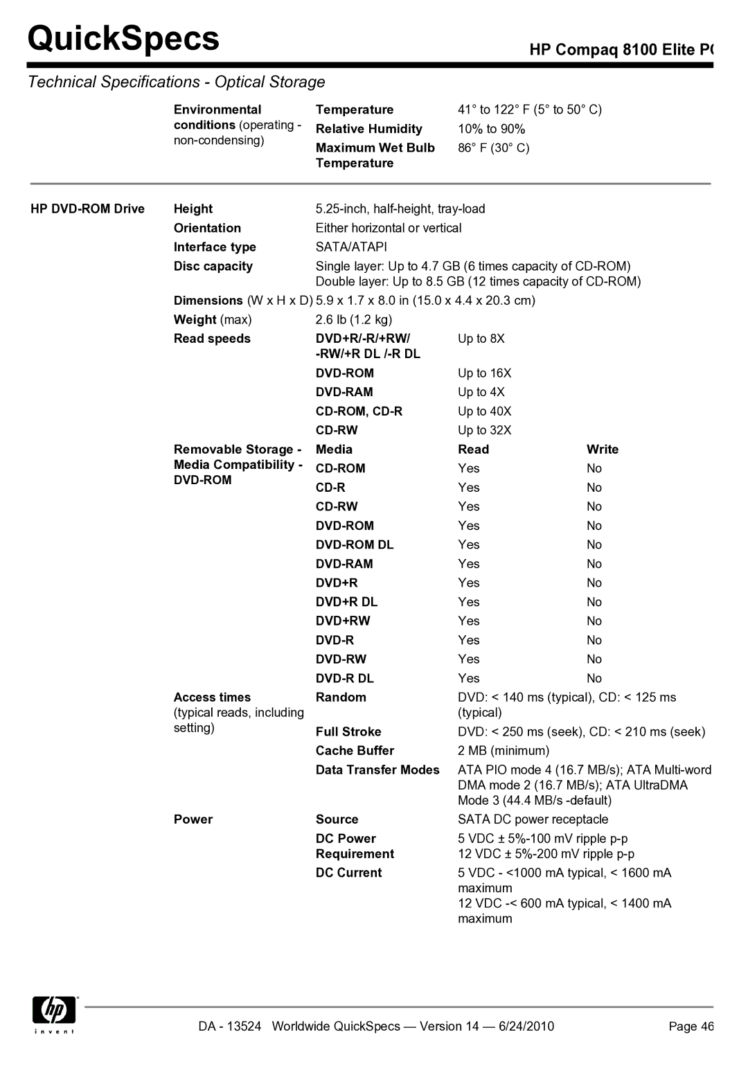 HP 8100 Temperature HP DVD-ROM Drive Height, Read speeds DVD+R/-R/+RW, Rw/+R Dl /-R Dl, Access times Random, Cache Buffer 