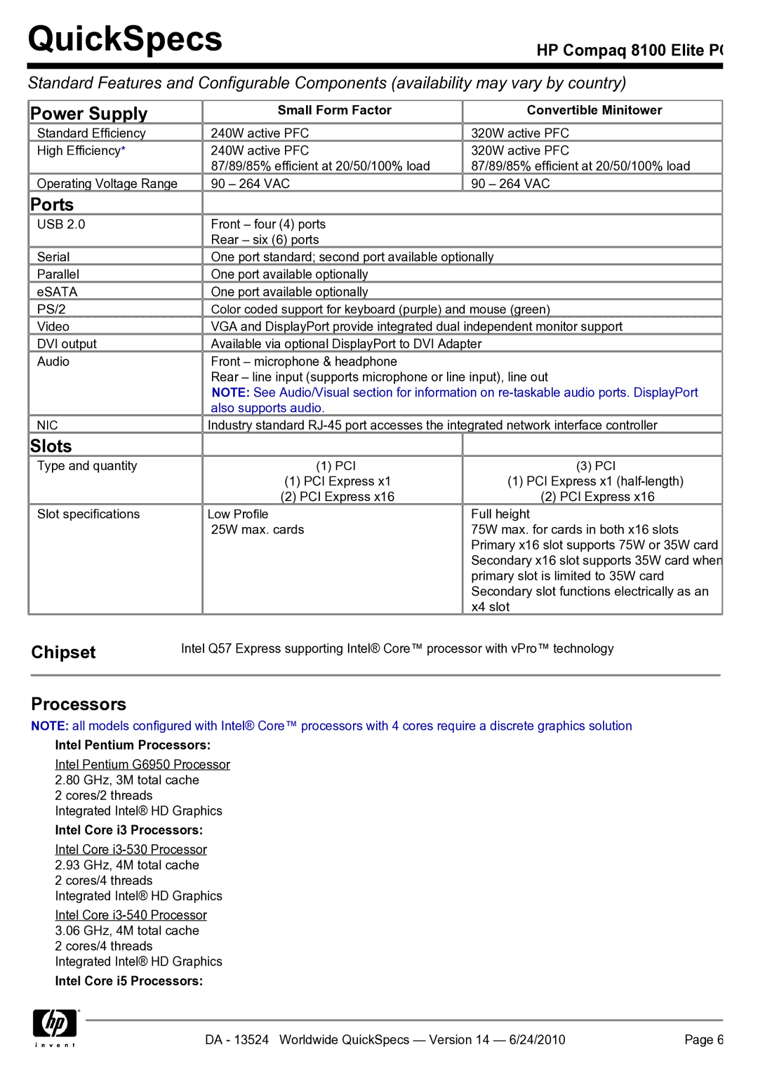 HP 8100 manual Power Supply, Ports, Slots, Chipset, Processors 