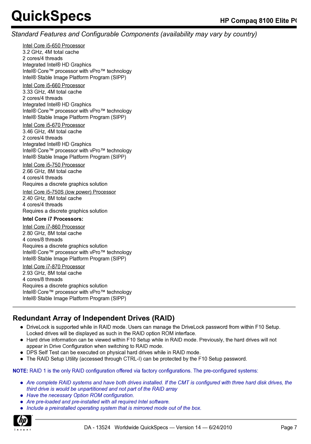 HP 8100 manual Redundant Array of Independent Drives RAID, Intel Core i7 Processors 