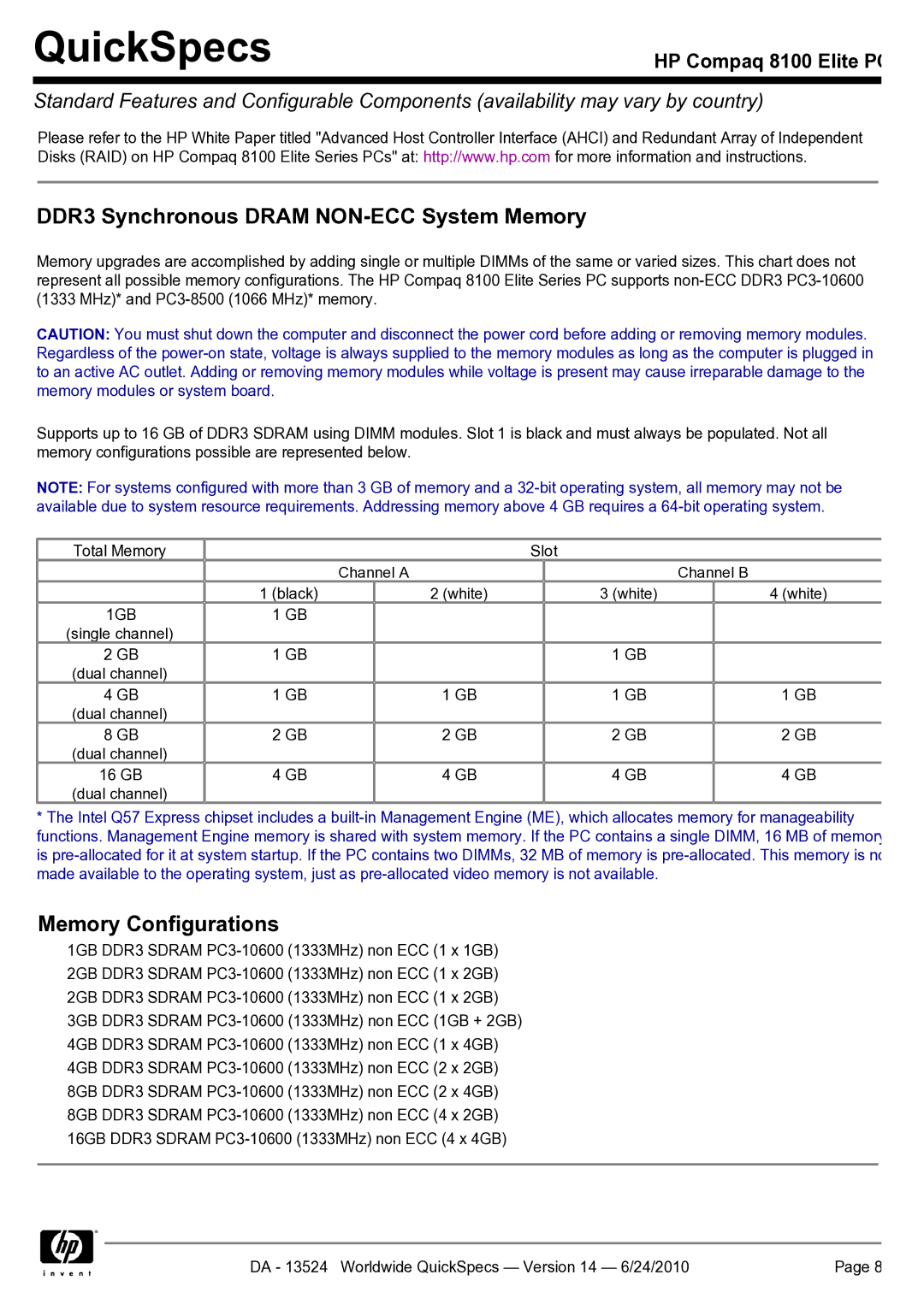 HP 8100 manual DDR3 Synchronous Dram NON-ECC System Memory, Memory Configurations 