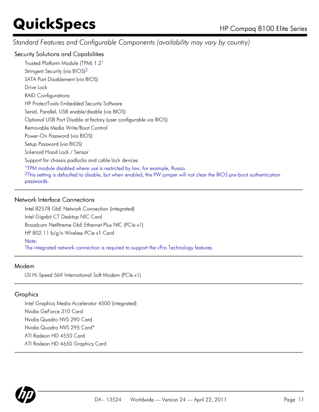 HP 8100 manual Security Solutions and Capabilities, Network Interface Connections, Modem, Graphics 