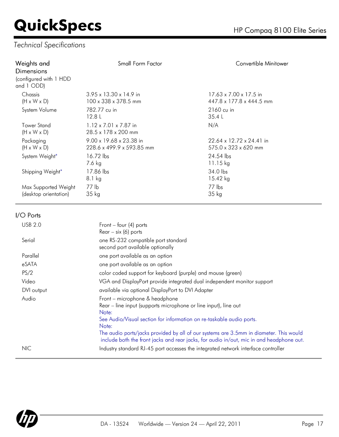 HP 8100 manual Technical Specifications, Weights, Dimensions, Ports, Small Form Factor Convertible Minitower 