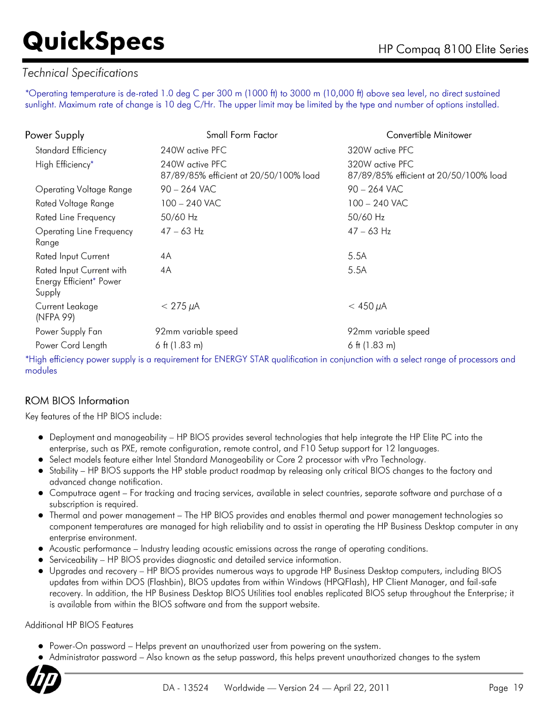 HP 8100 manual Power Supply, ROM Bios Information 