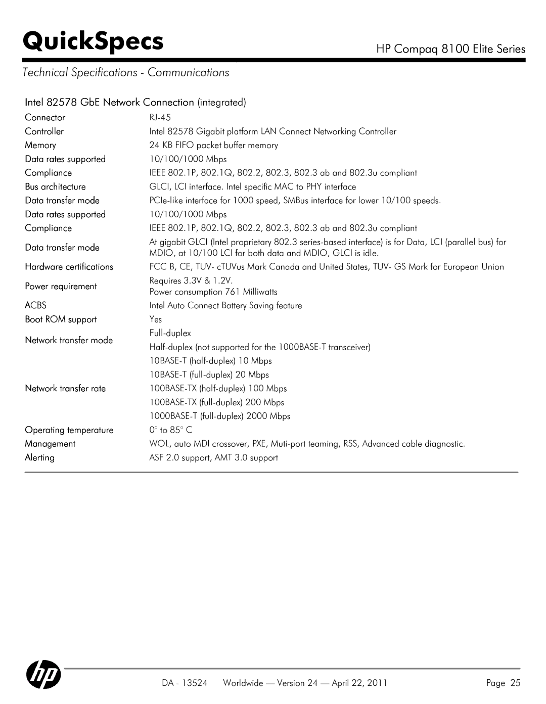 HP 8100 manual Technical Specifications Communications, Intel 82578 GbE Network Connection integrated, Acbs 