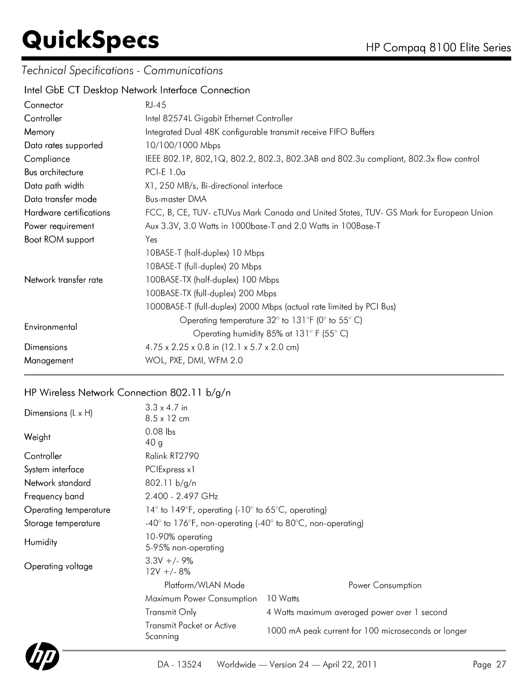 HP 8100 manual Intel GbE CT Desktop Network Interface Connection, HP Wireless Network Connection 802.11 b/g/n 