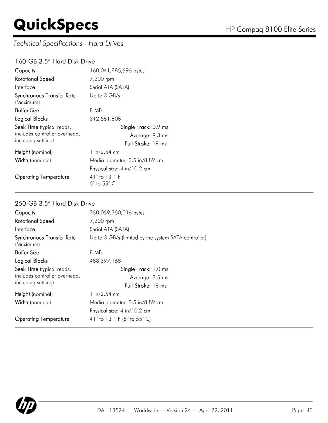 HP 8100 manual Technical Specifications Hard Drives, 160-GB 3.5 Hard Disk Drive, 250-GB 3.5 Hard Disk Drive 