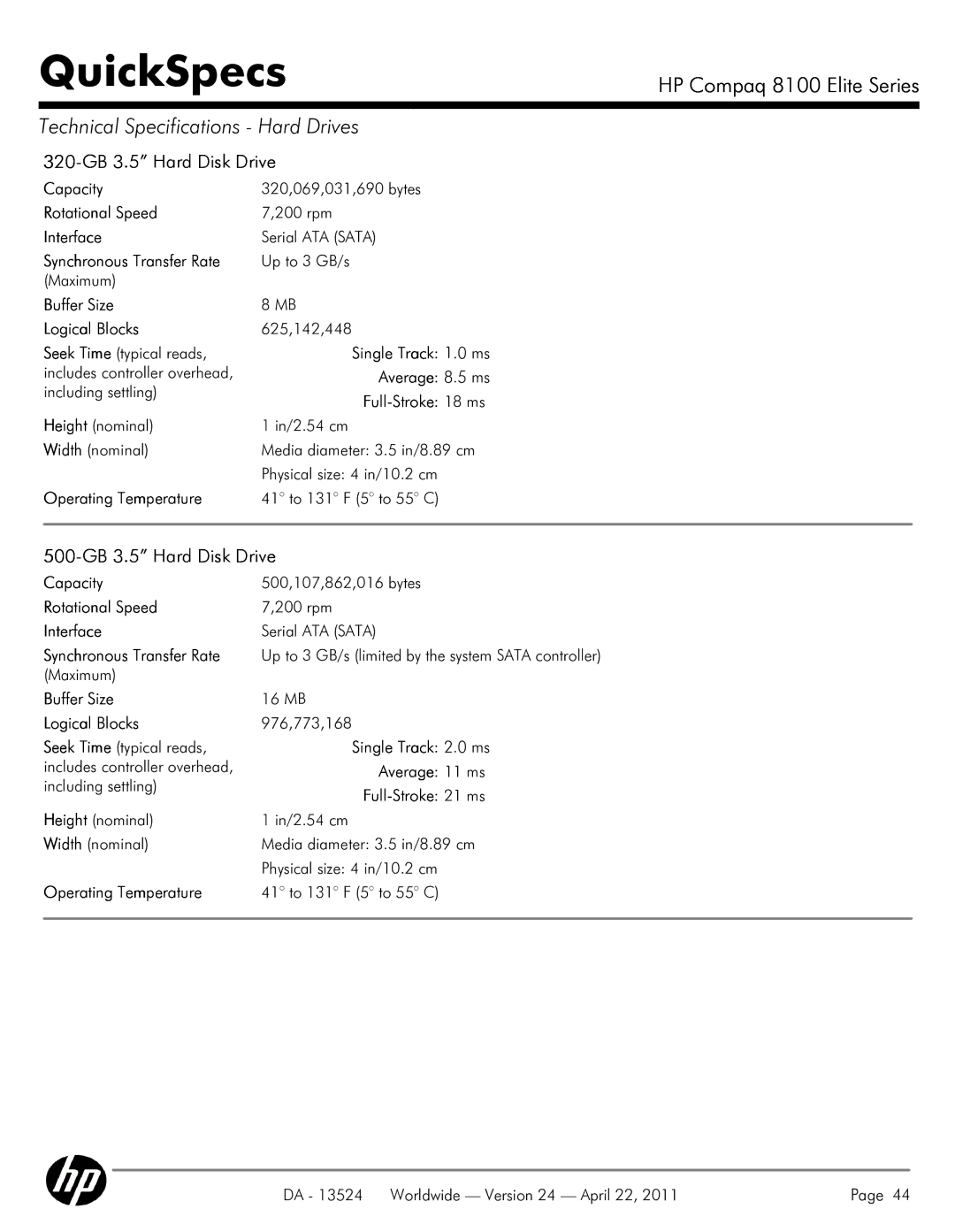 HP 8100 manual 320-GB 3.5 Hard Disk Drive, 500-GB 3.5 Hard Disk Drive 