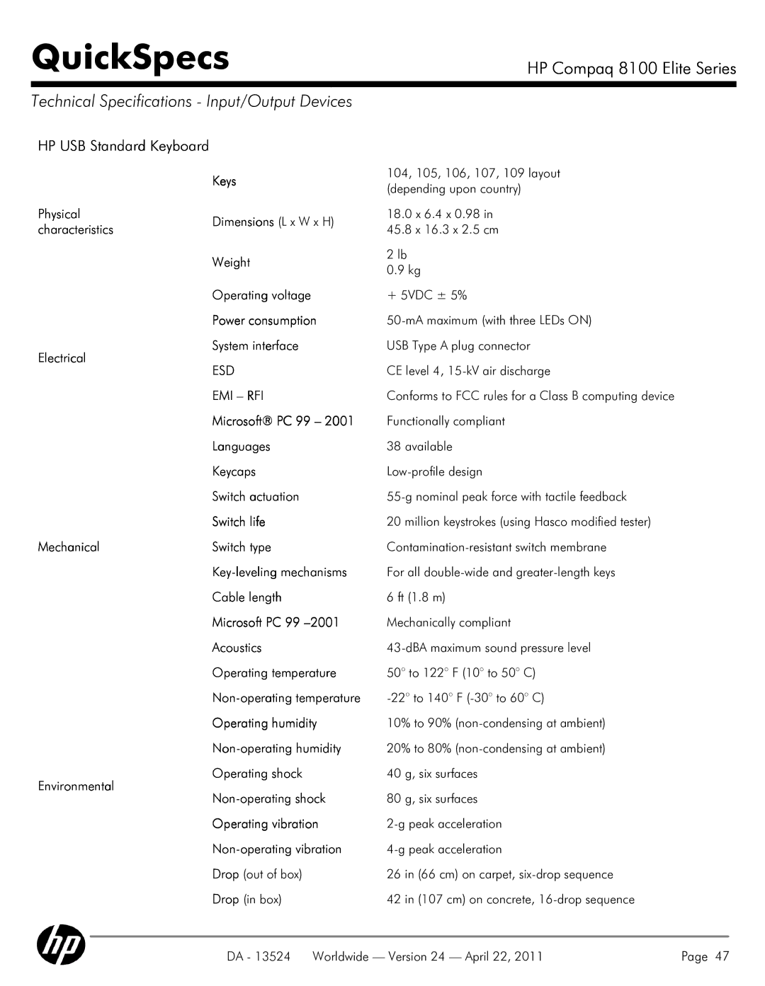 HP 8100 manual Technical Specifications Input/Output Devices, HP USB Standard Keyboard, Esd, Emi Rfi 