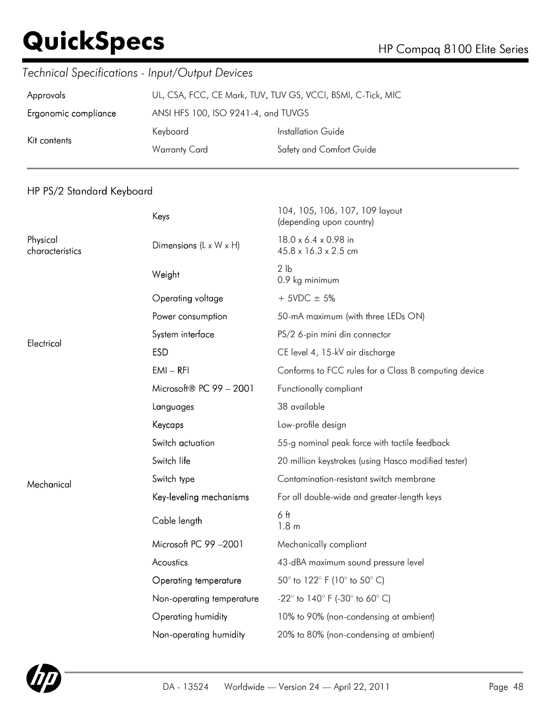 HP 8100 manual HP PS/2 Standard Keyboard 