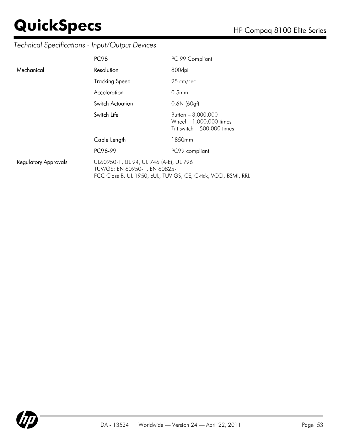 HP 8100 manual Mechanical Resolution, PC98-99, Regulatory Approvals 