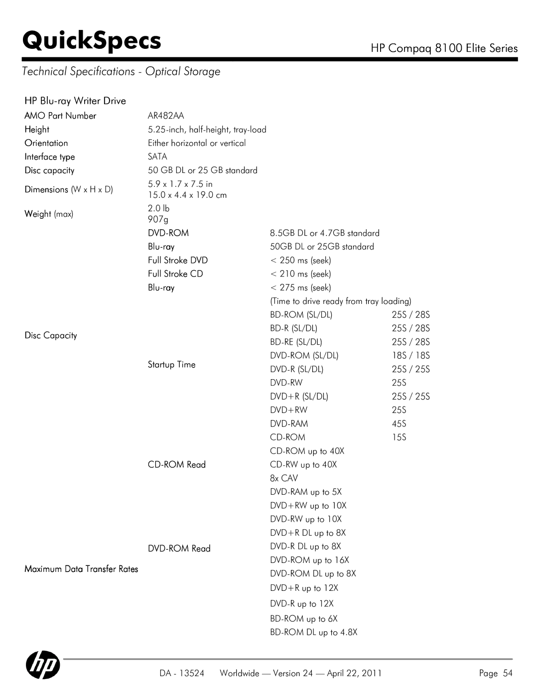 HP 8100 manual Technical Specifications Optical Storage, HP Blu-ray Writer Drive, Dvd-Rom 