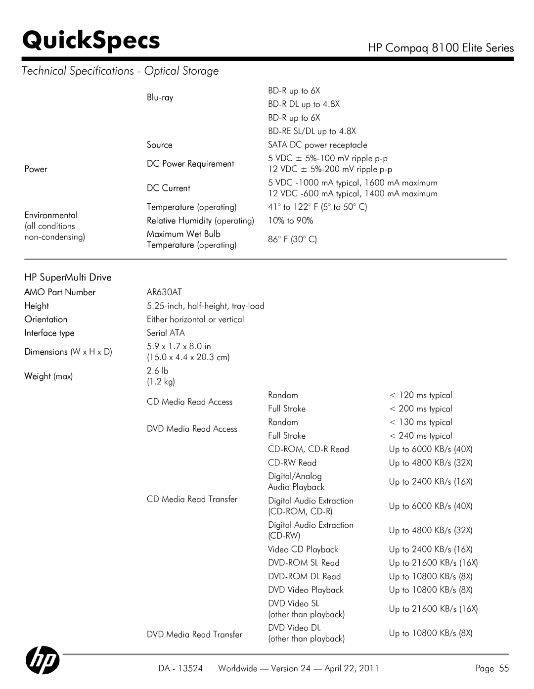 HP 8100 manual HP SuperMulti Drive, AR630AT 