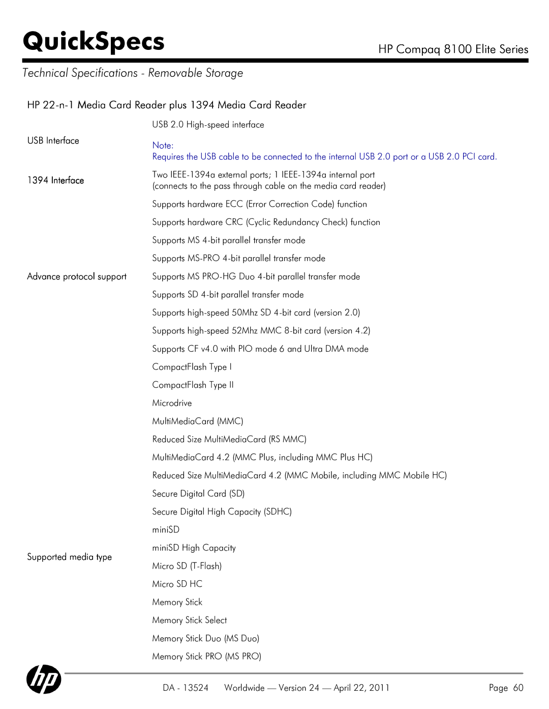 HP 8100 manual Technical Specifications Removable Storage, HP 22-n-1 Media Card Reader plus 1394 Media Card Reader 