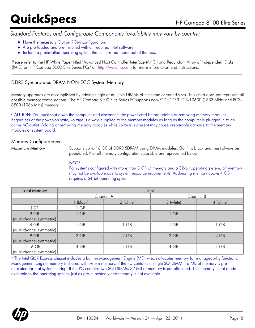 HP 8100 manual DDR3 Synchronous Dram NON-ECC System Memory, Memory Configurations, Maximum Memory, Slot 