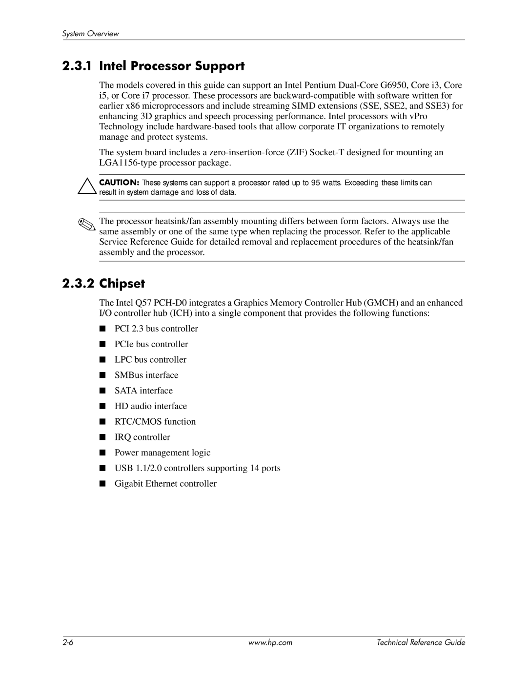 HP 8100 manual Intel Processor Support, Chipset 