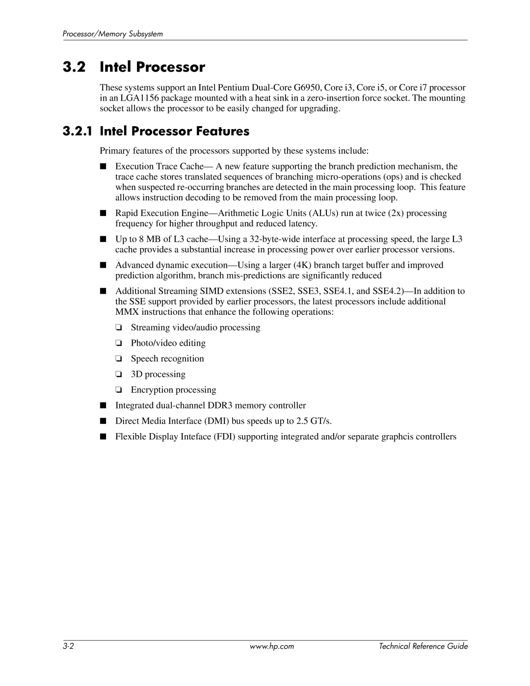 HP 8100 manual Intel Processor Features 