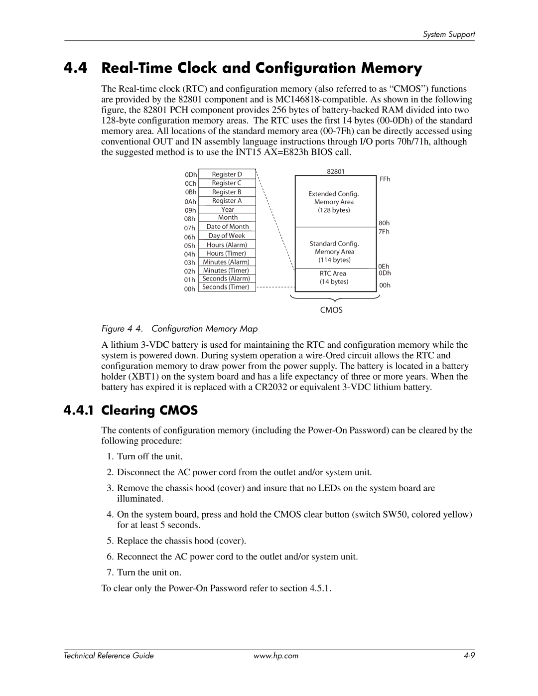 HP 8100 manual Real-Time Clock and Configuration Memory, Clearing Cmos 