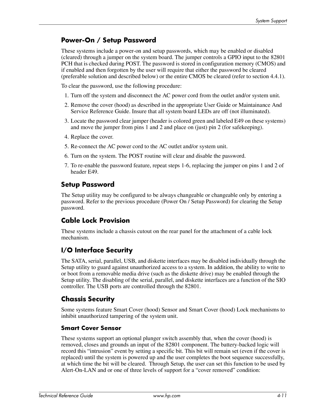 HP 8100 manual Power-On / Setup Password, Cable Lock Provision, Interface Security, Chassis Security 