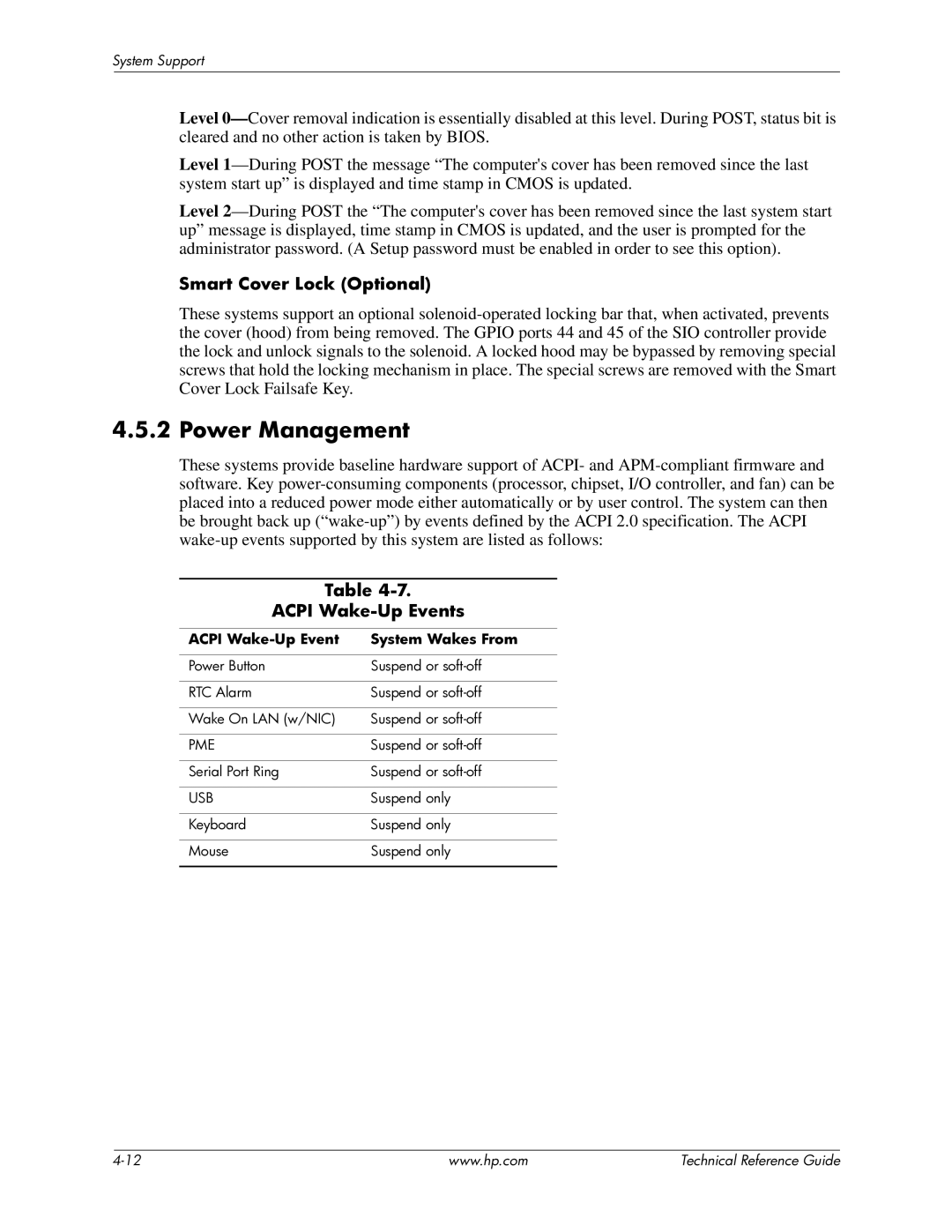 HP 8100 manual Power Management, Smart Cover Lock Optional, Acpi Wake-Up Events, Acpi Wake-Up Event System Wakes From 