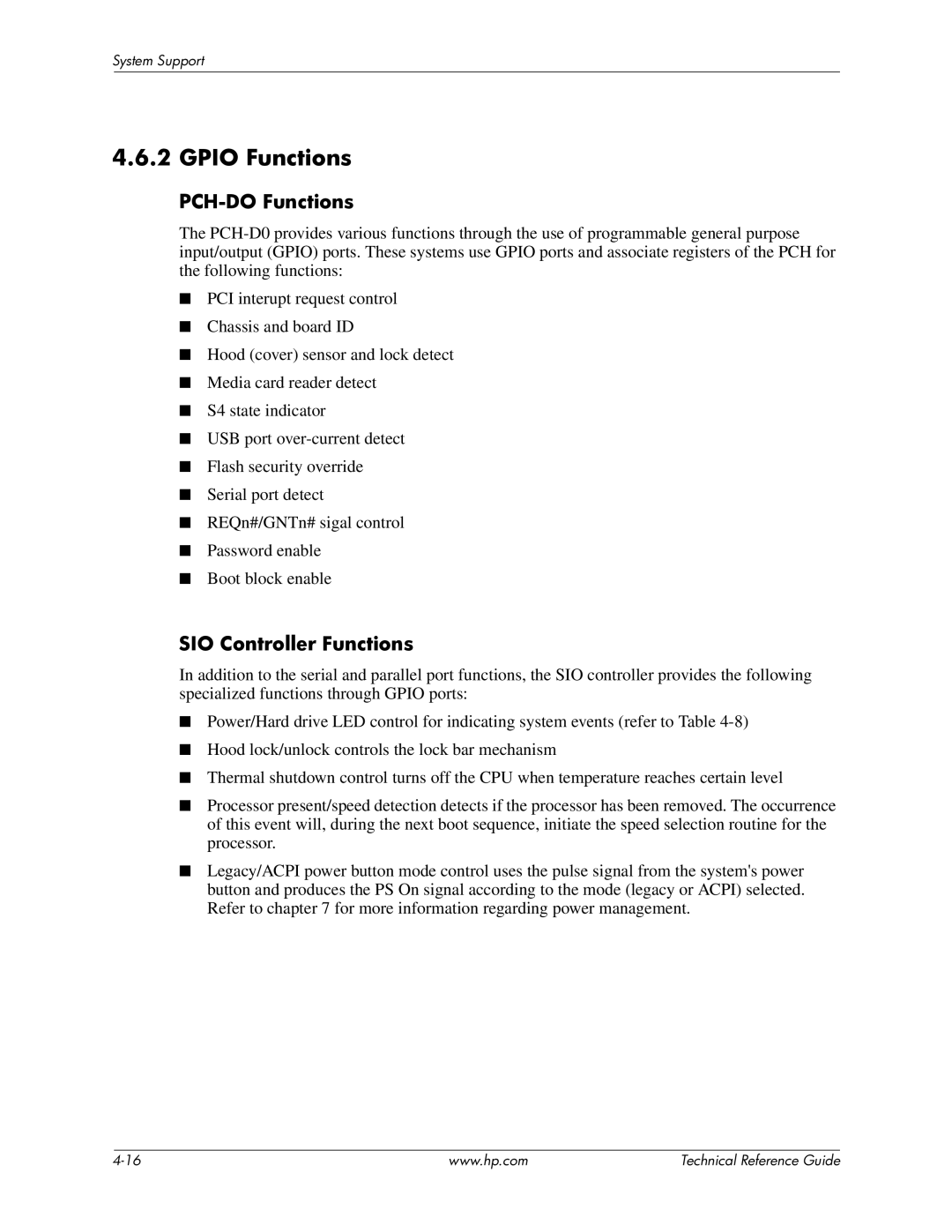 HP 8100 manual Gpio Functions, PCH-DO Functions, SIO Controller Functions 