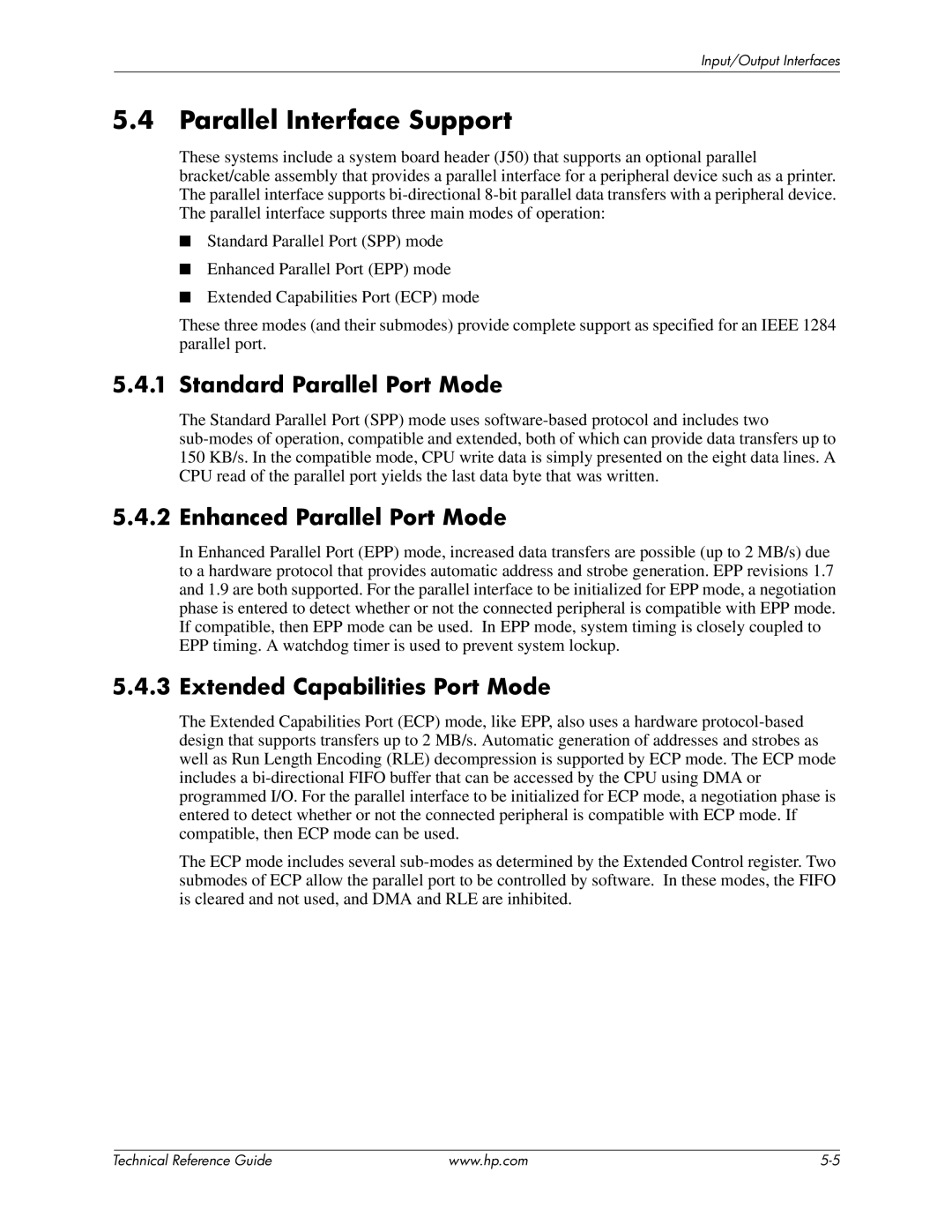 HP 8100 manual Parallel Interface Support, Standard Parallel Port Mode, Enhanced Parallel Port Mode 