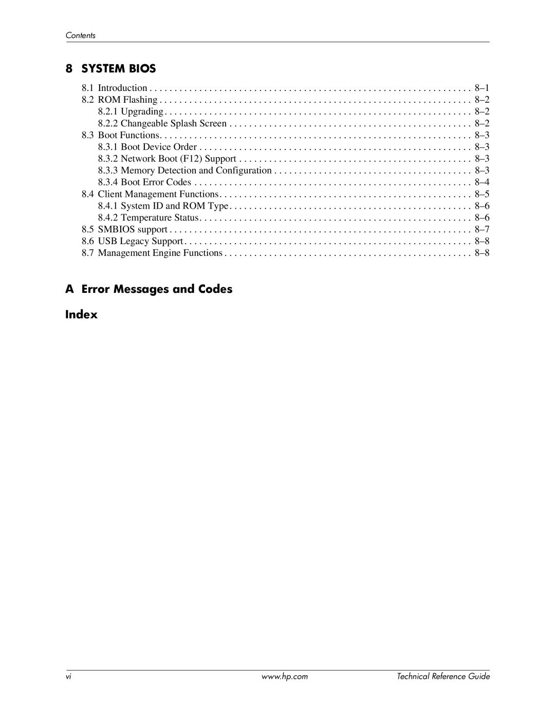 HP 8100 manual System Bios, Error Messages and Codes Index 