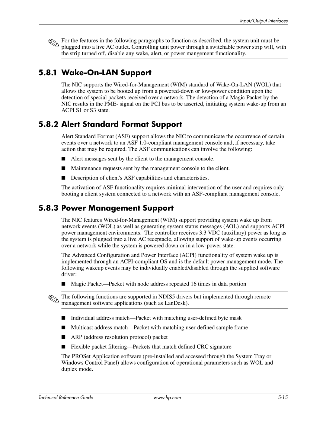 HP 8100 manual Wake-On-LAN Support, Alert Standard Format Support, Power Management Support 