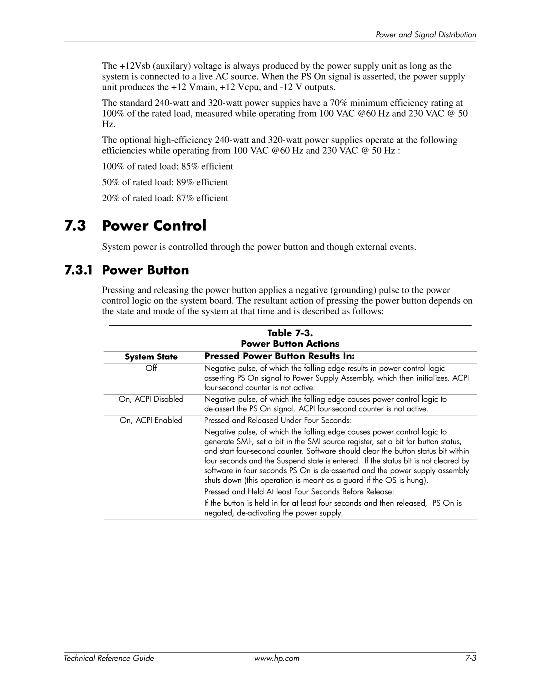 HP 8100 manual Power Control, Power Button Actions, Pressed Power Button Results, System State 