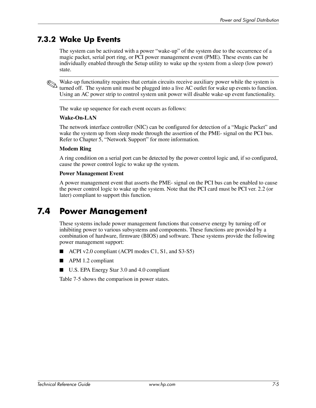 HP 8100 manual Power Management, Wake Up Events 