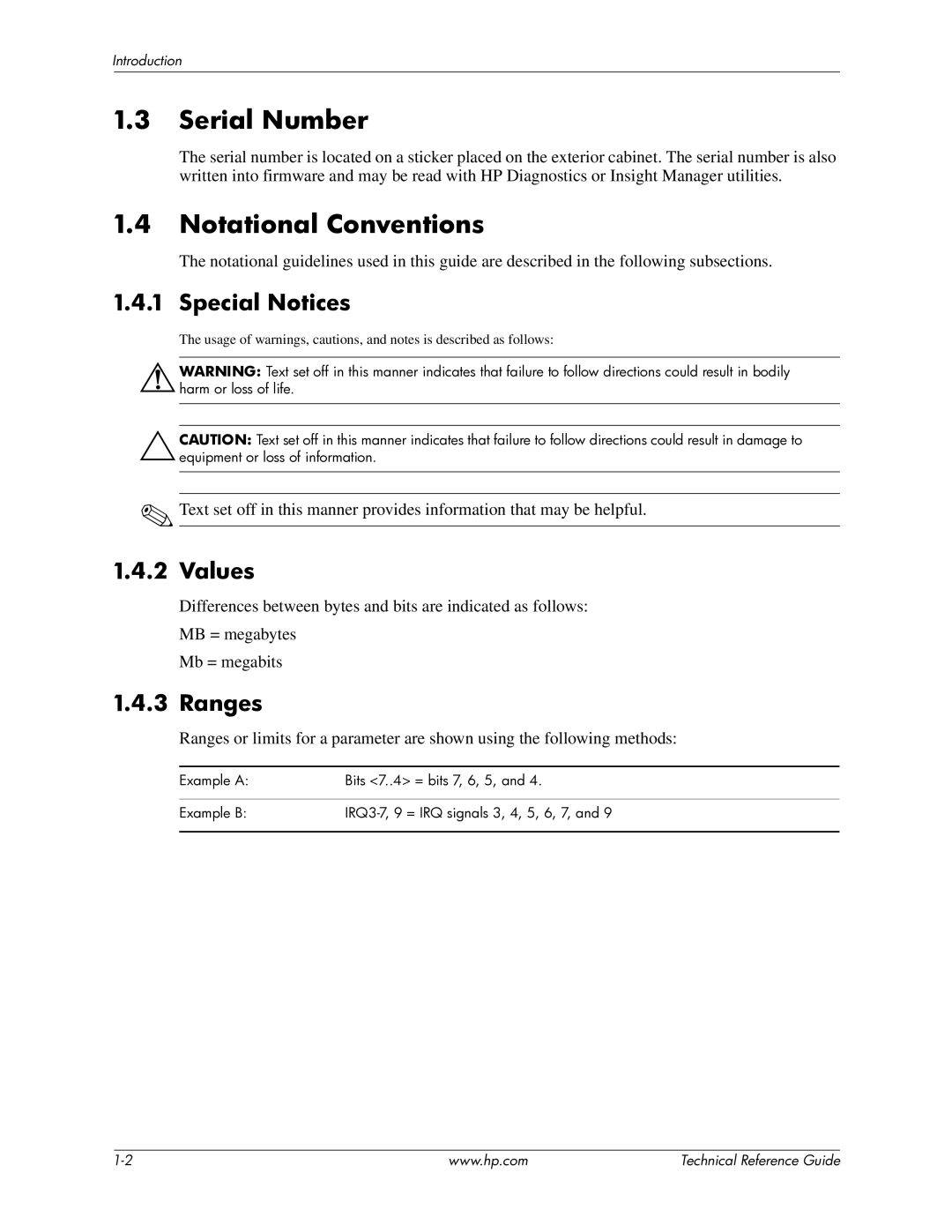 HP 8100 manual Serial Number, Notational Conventions, Special Notices, Values, Ranges 