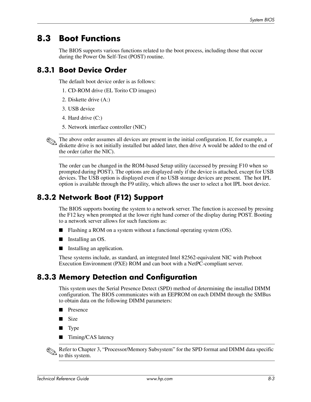 HP 8100 manual Boot Functions, Boot Device Order, Network Boot F12 Support, Memory Detection and Configuration 