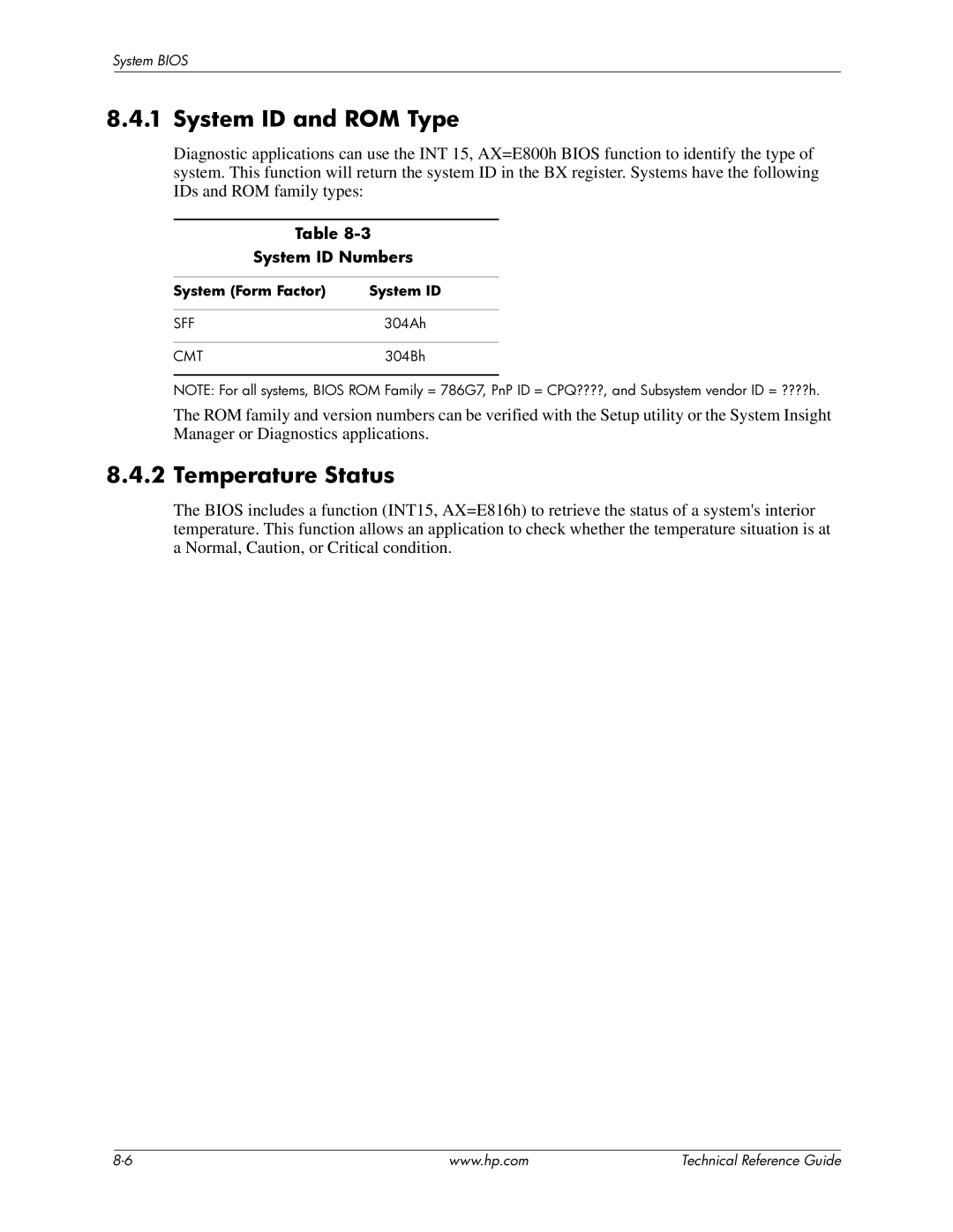 HP 8100 manual System ID and ROM Type, Temperature Status, System ID Numbers, System Form Factor System ID 