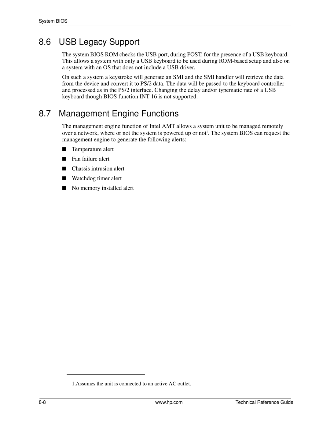 HP 8100 manual USB Legacy Support, Management Engine Functions 