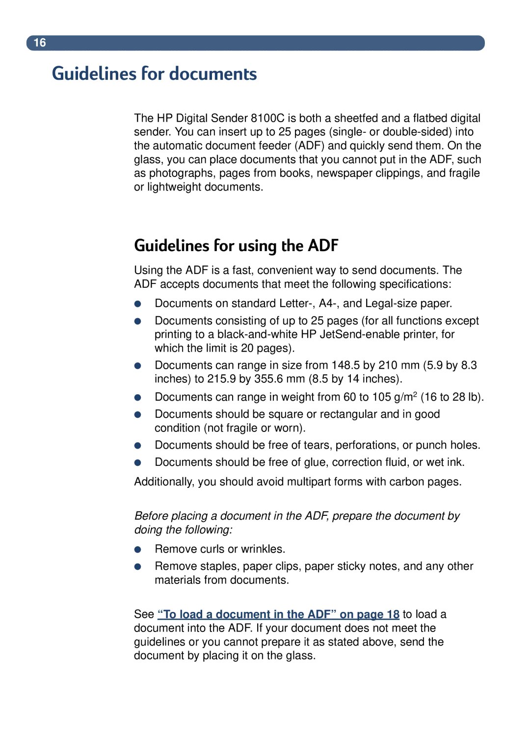 HP 8100C manual Guidelines for documents, Guidelines for using the ADF 