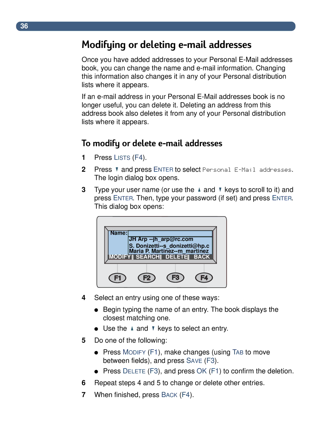 HP 8100C manual Modifying or deleting e-mail addresses, To modify or delete e-mail addresses 