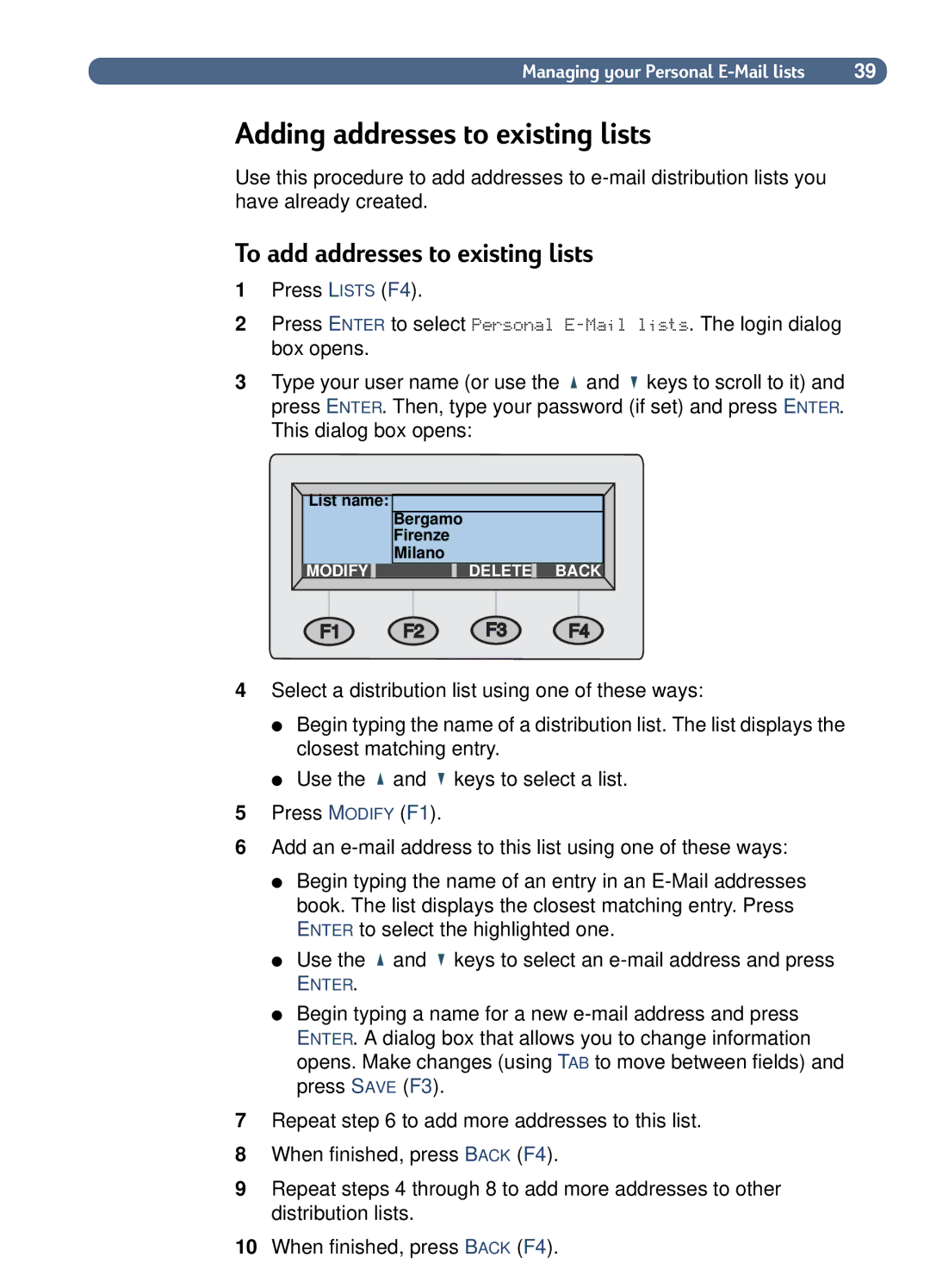 HP 8100C manual Adding addresses to existing lists, To add addresses to existing lists 