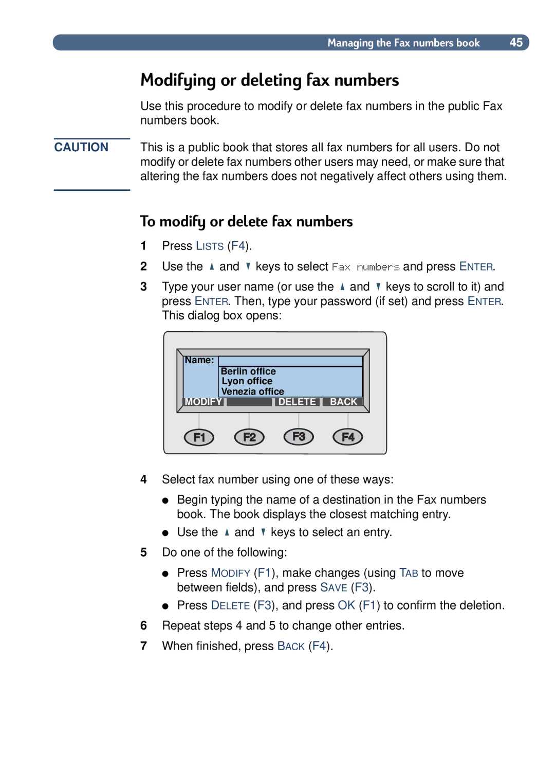 HP 8100C manual Modifying or deleting fax numbers, To modify or delete fax numbers 