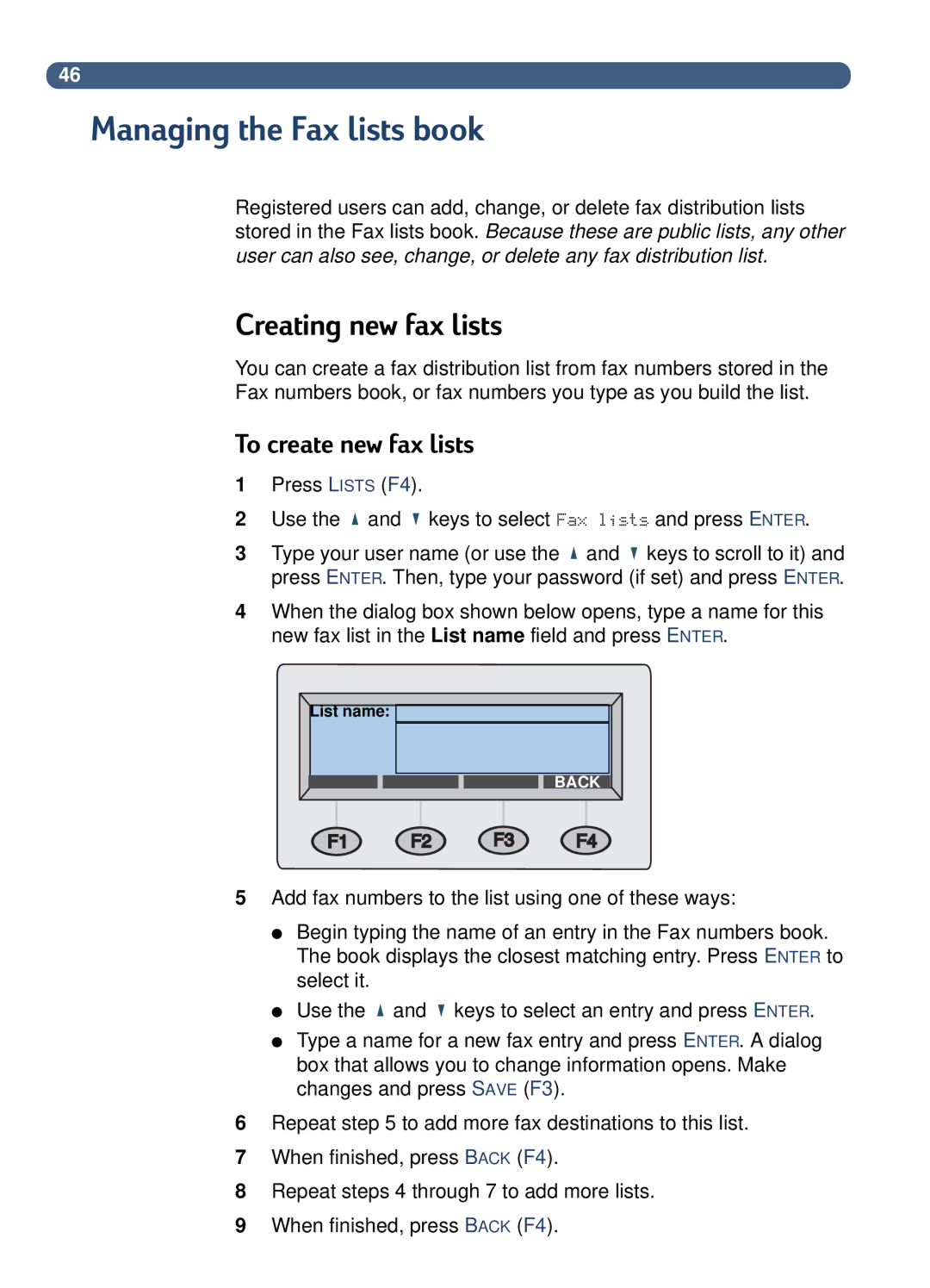 HP 8100C manual Managing the Fax lists book, Creating new fax lists, To create new fax lists 