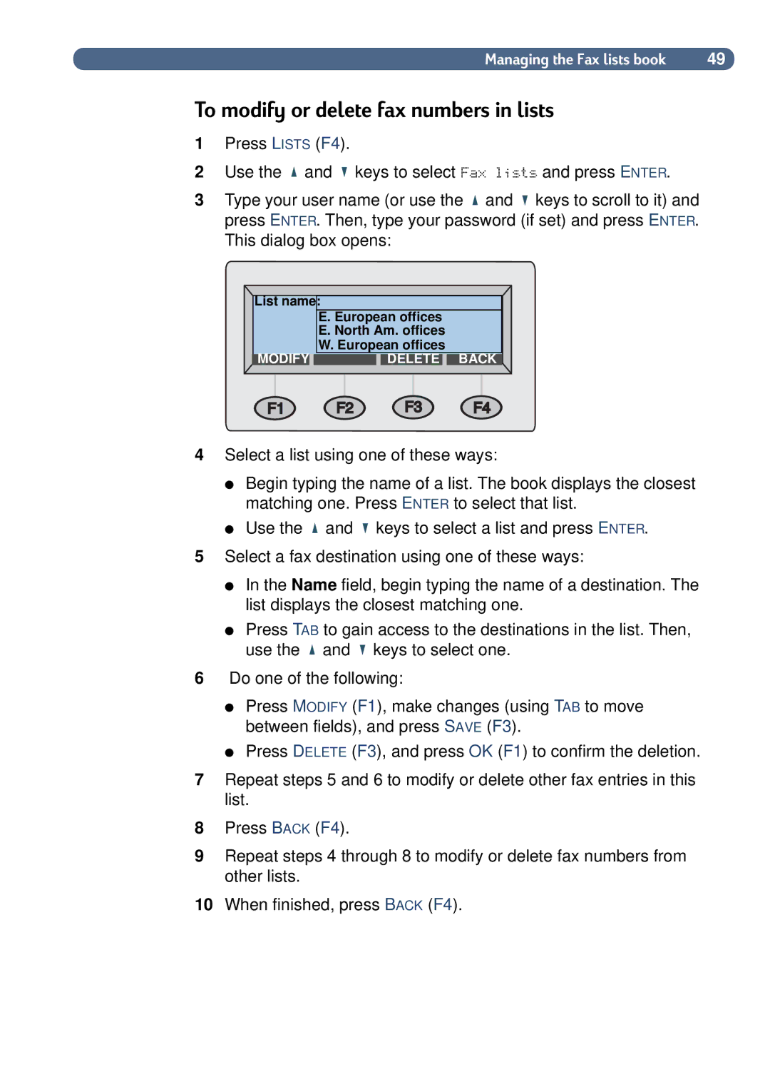 HP 8100C manual To modify or delete fax numbers in lists 