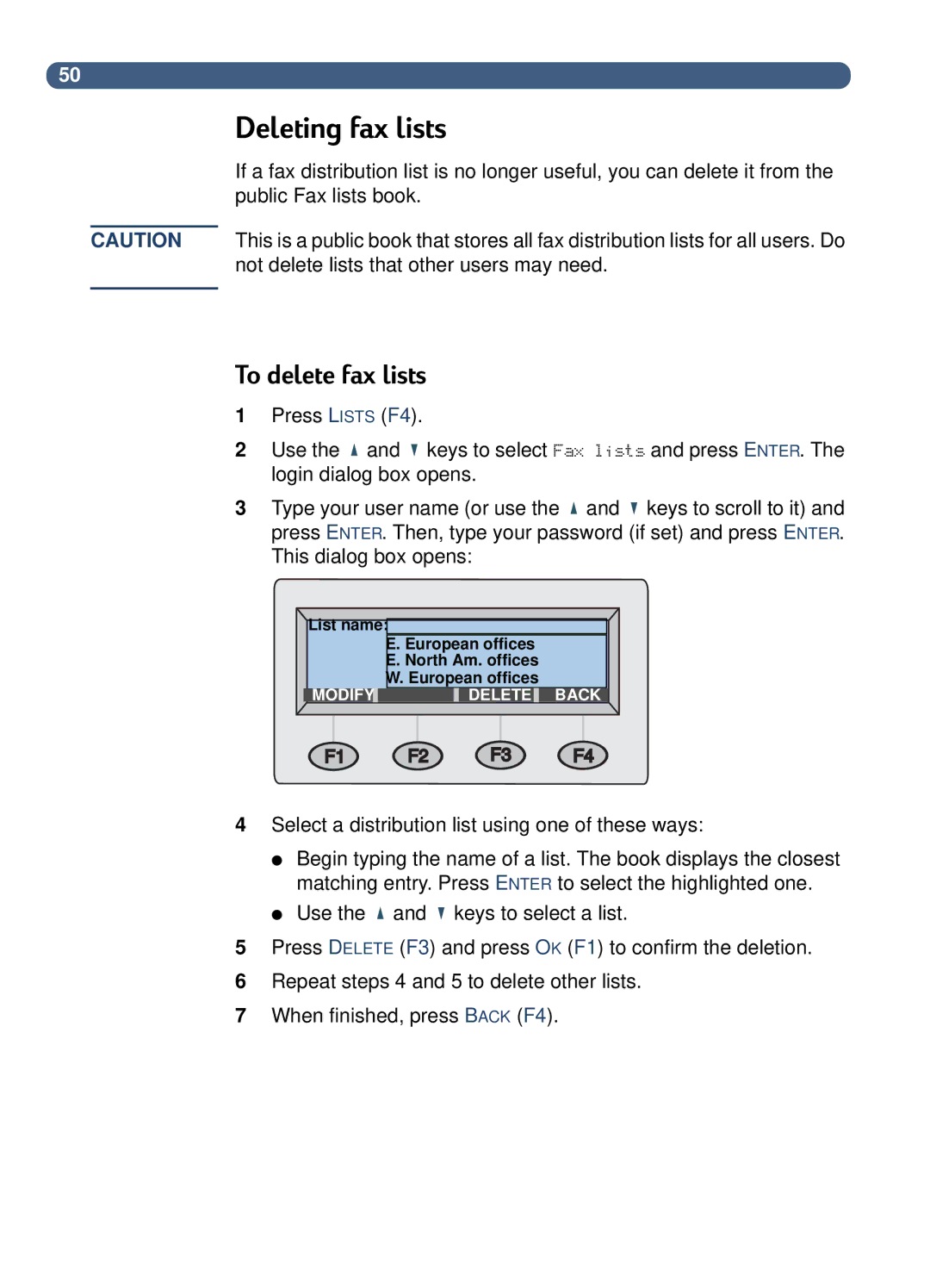 HP 8100C manual Deleting fax lists, To delete fax lists 