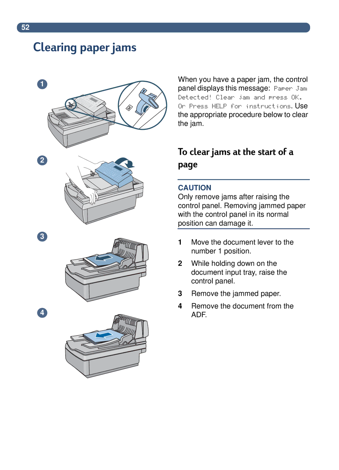 HP 8100C manual Clearing paper jams, To clear jams at the start of a 